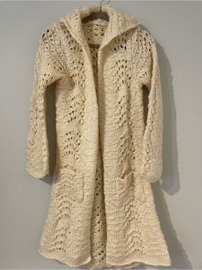 Cream Hooded Openfront Crochet Longline Cardigan